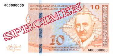 Obverse of banknote 10 Bosnian Mark