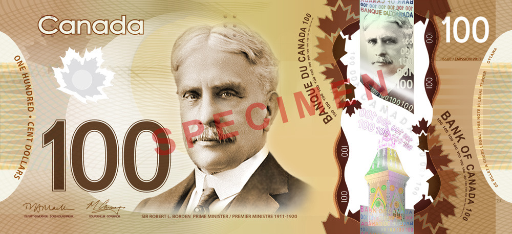 Obverse of new series banknote 100 CAD