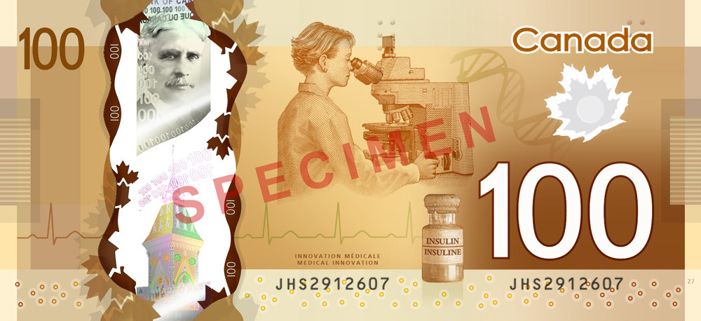 Reverse of new series banknote 100 CAD
