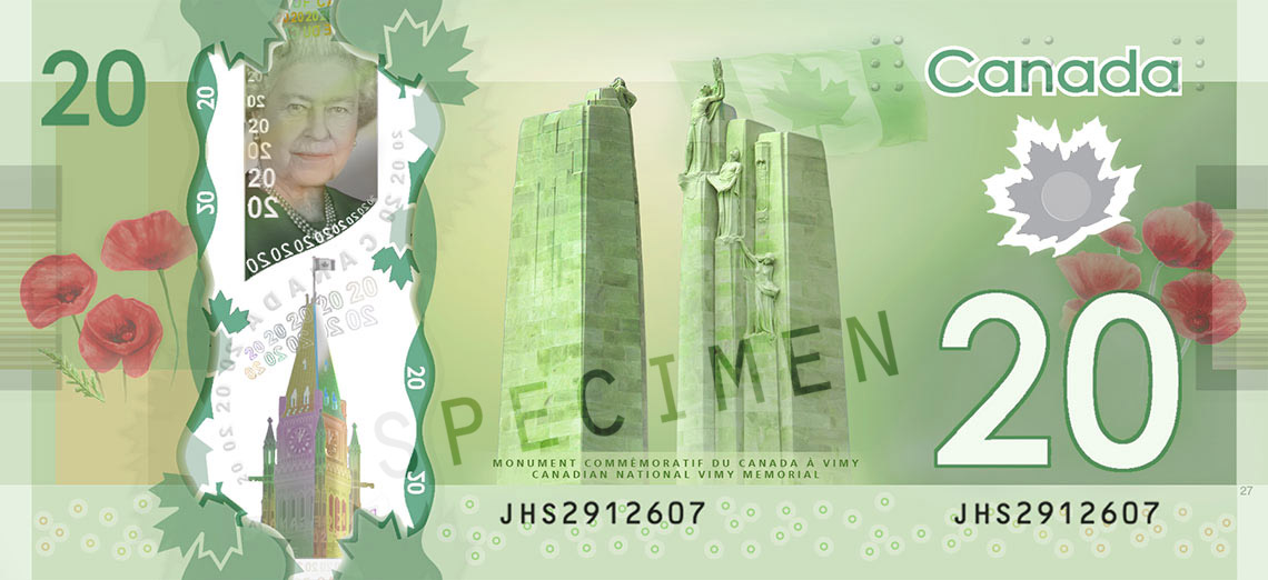 Reverse of new series banknote 20 CAD