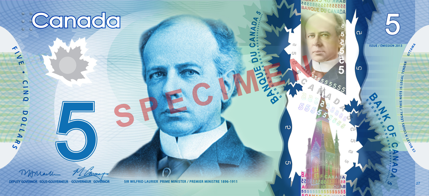 Obverse of new series banknote 5 CAD