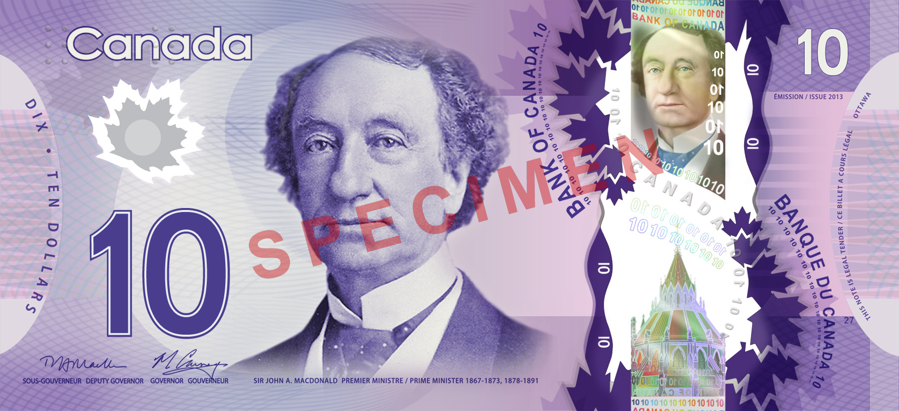 Obverse of new series banknote 10 CAD