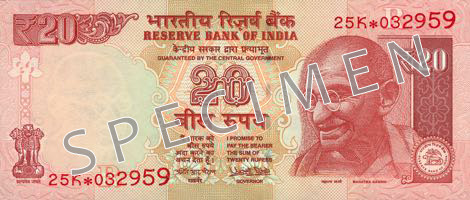 Obverse of banknote 20 Indian rupee