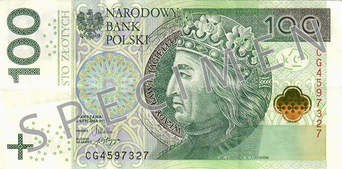 Obverse of new series banknote 100 Polish zloty