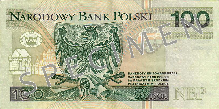 Reverse of old series banknote 100 Polish zloty