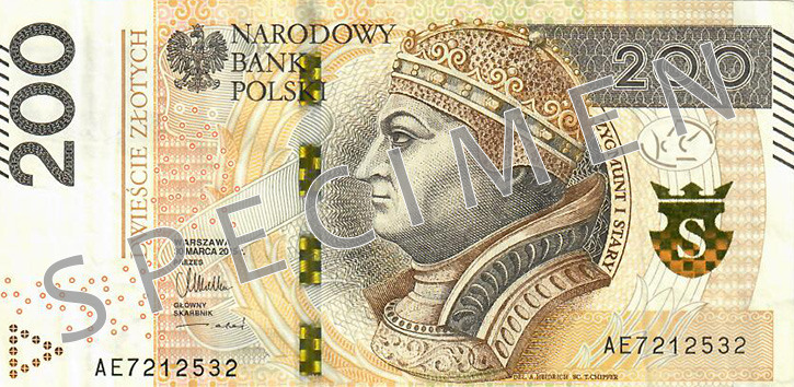 Obverse of new series banknote 200 Polish zloty