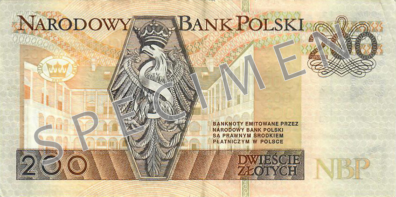 Reverse of old series banknote 200 Polish zloty