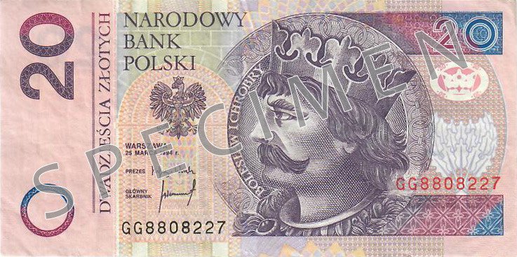 Obverse of old series banknote 20 Polish zloty