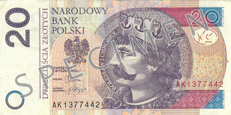Obverse of new series banknote 20 Polish zloty