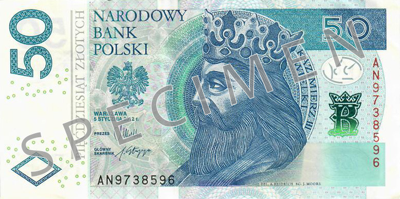 Obverse of new series banknote 50 Polish zloty