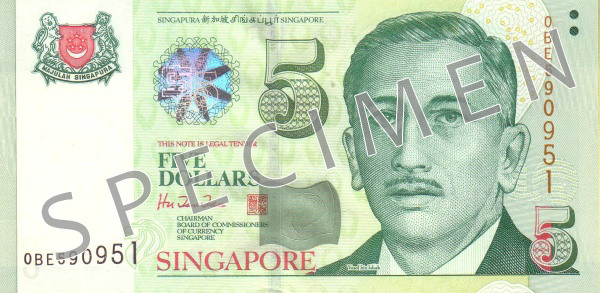Obverse of banknote 5 Singapore dollar