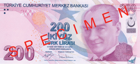Obverse of banknote 200 Turkish lira