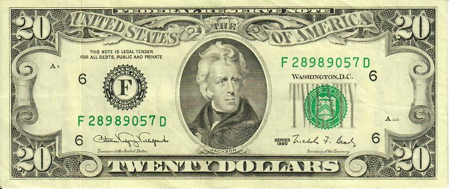 Obverse of banknote 20 US dollar