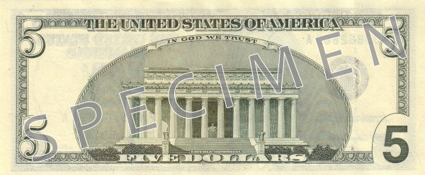 Reverse of banknote 5 US dollar