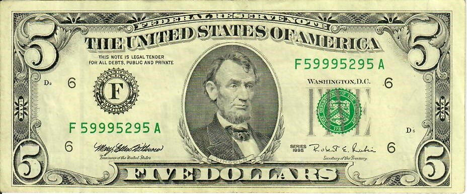Obverse of banknote 5 US dollar