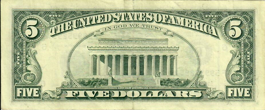 Reverse of banknote 5 US dollar