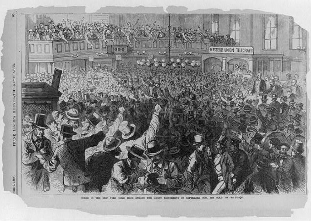 Ilustracija „Scene iz Zlatne dvorane u Njujorku“. Trgovci nisu oduševljeni padom. Izvor: Kongresna biblioteka